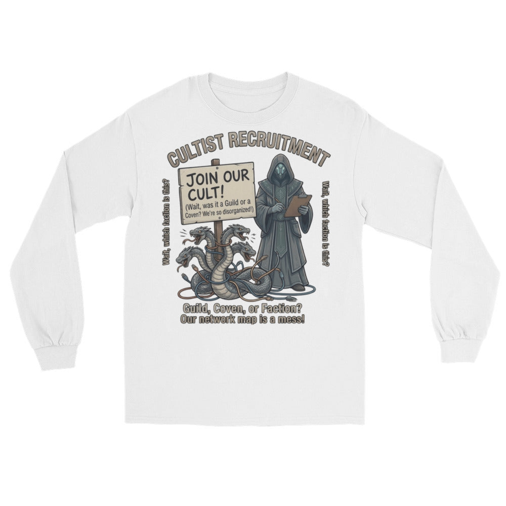 Cultist Recruitment Long Sleeve Shirt long sleeve tee in white — front view