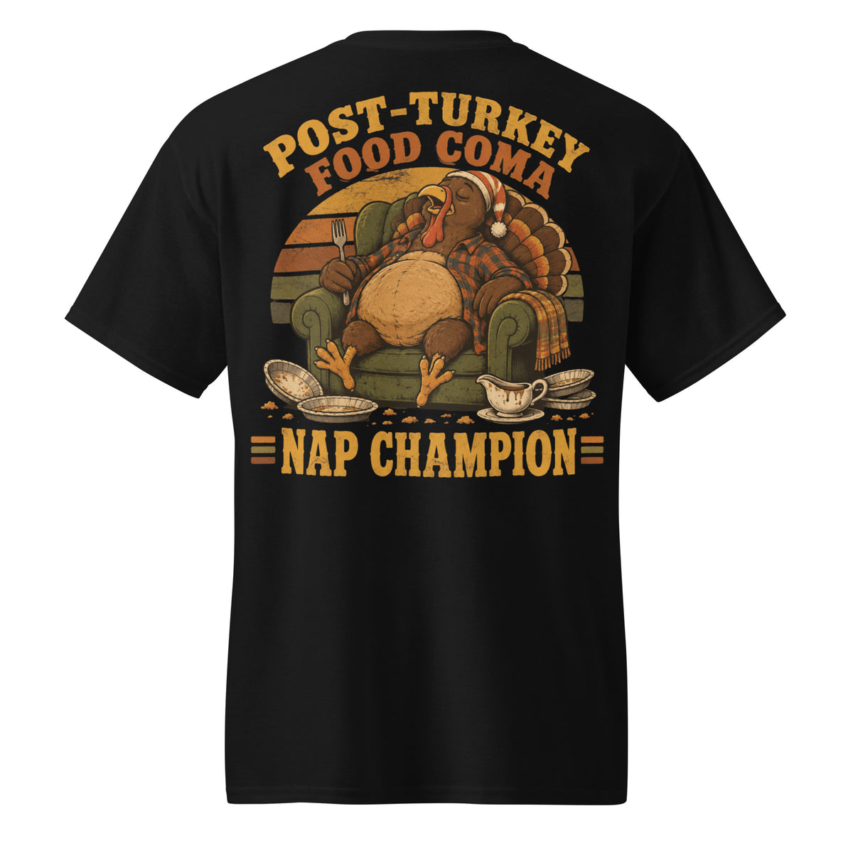 Back print of the Post-Turkey Food Coma Nap Champion tee with a turkey asleep in an armchair