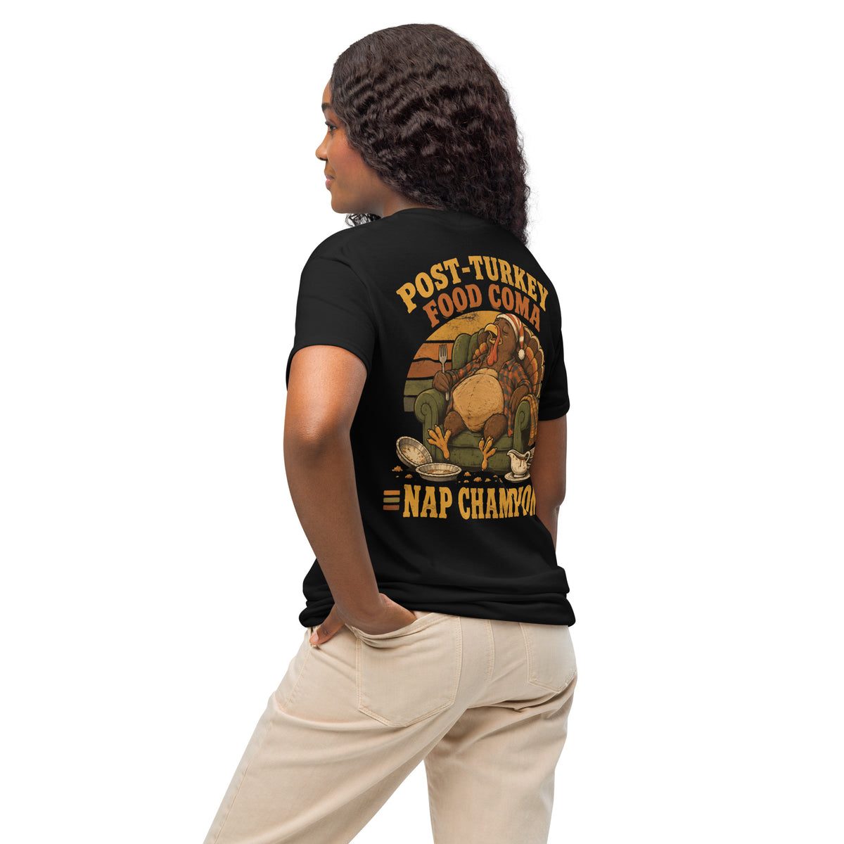 Post-Turkey Food Coma Nap Champion tee with a turkey asleep in an armchair — alternate view