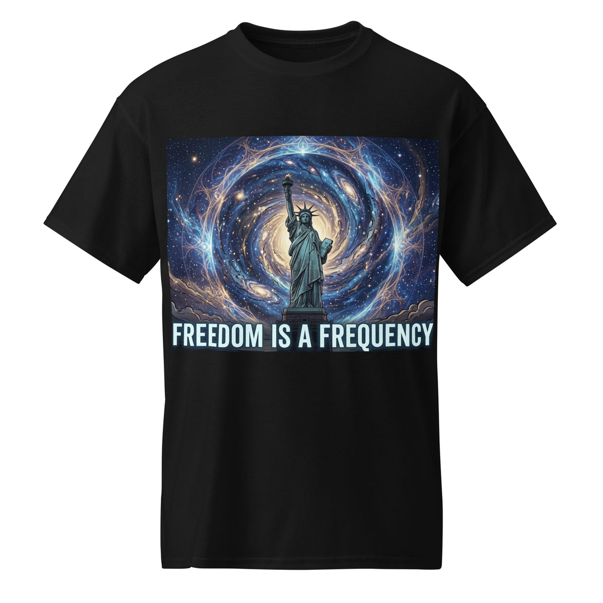 Freedom is a Frequency patriotic streetwear t-shirt in black, front view, alternate photo