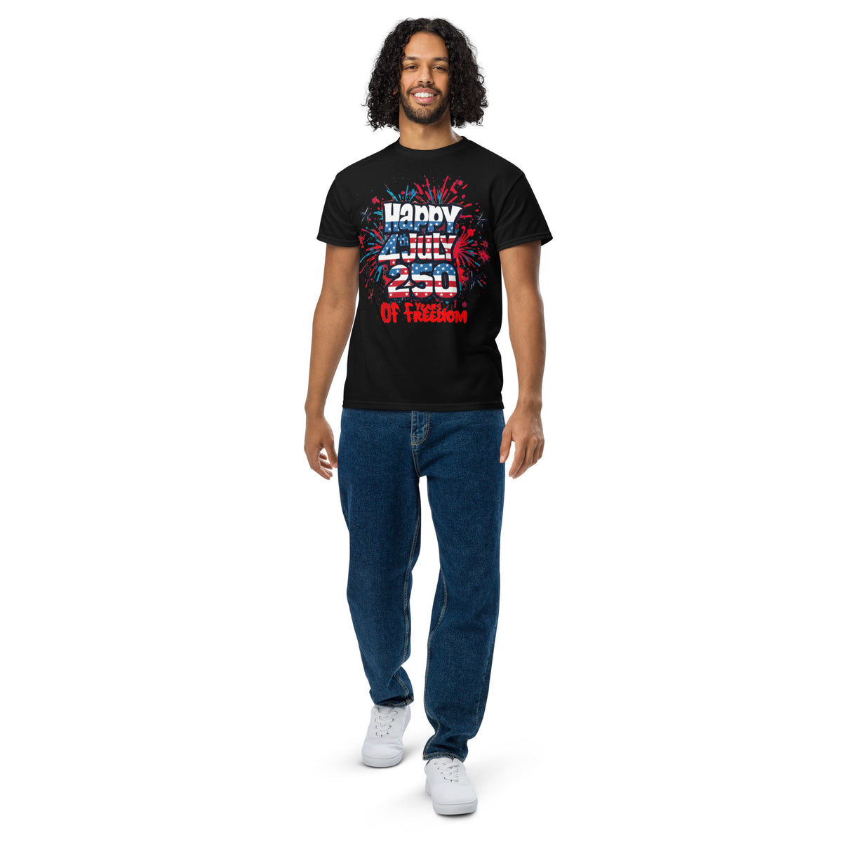 Happy 4th 250 Years T-Shirt graphic tee in black — front view