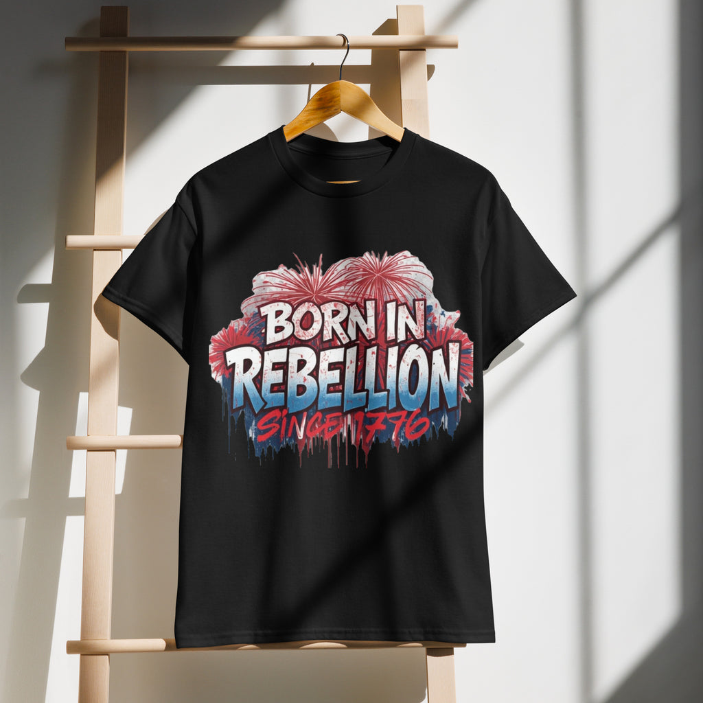 Born in Rebellion T-Shirt graphic tee in black — front view