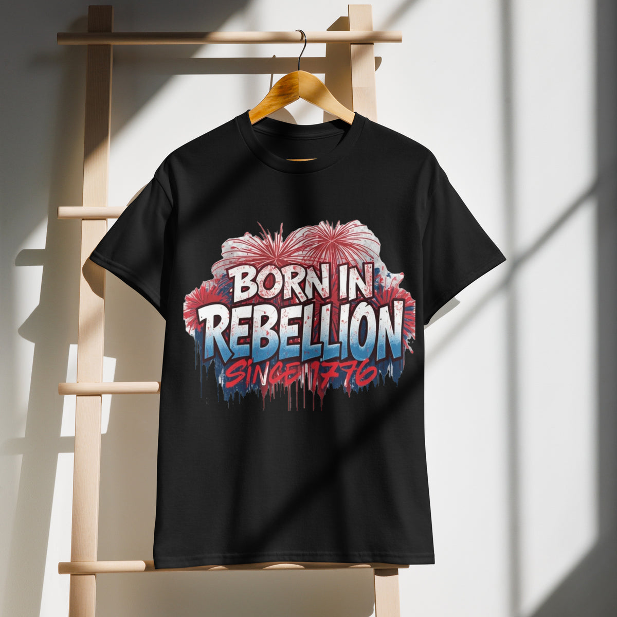 Born in Rebellion T-Shirt graphic tee in black — front view