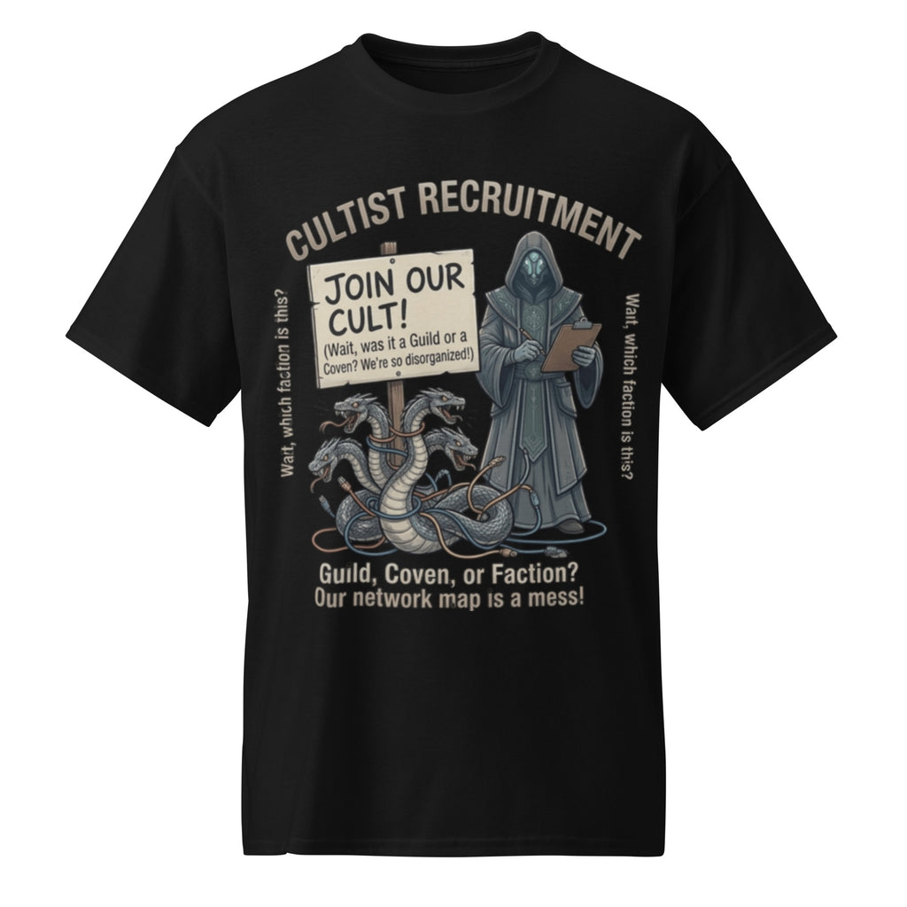 Cultist Recruitment Graphic Tee in black — front view