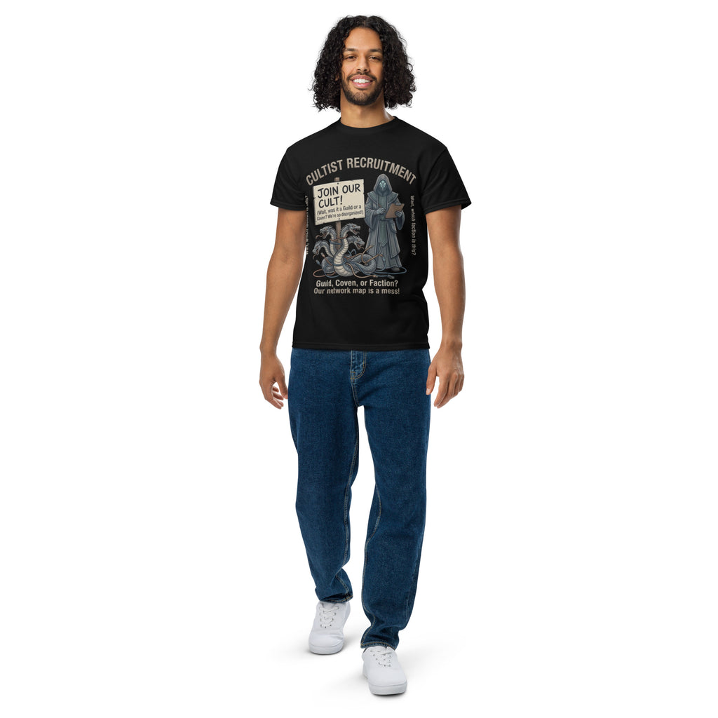Cultist Recruitment Graphic Tee in black — front view