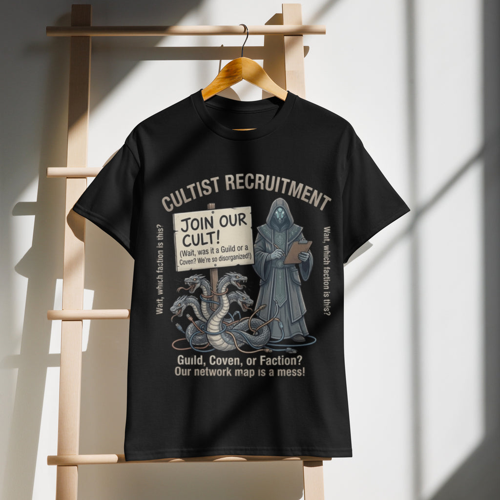 Cultist Recruitment Graphic Tee in black — front view