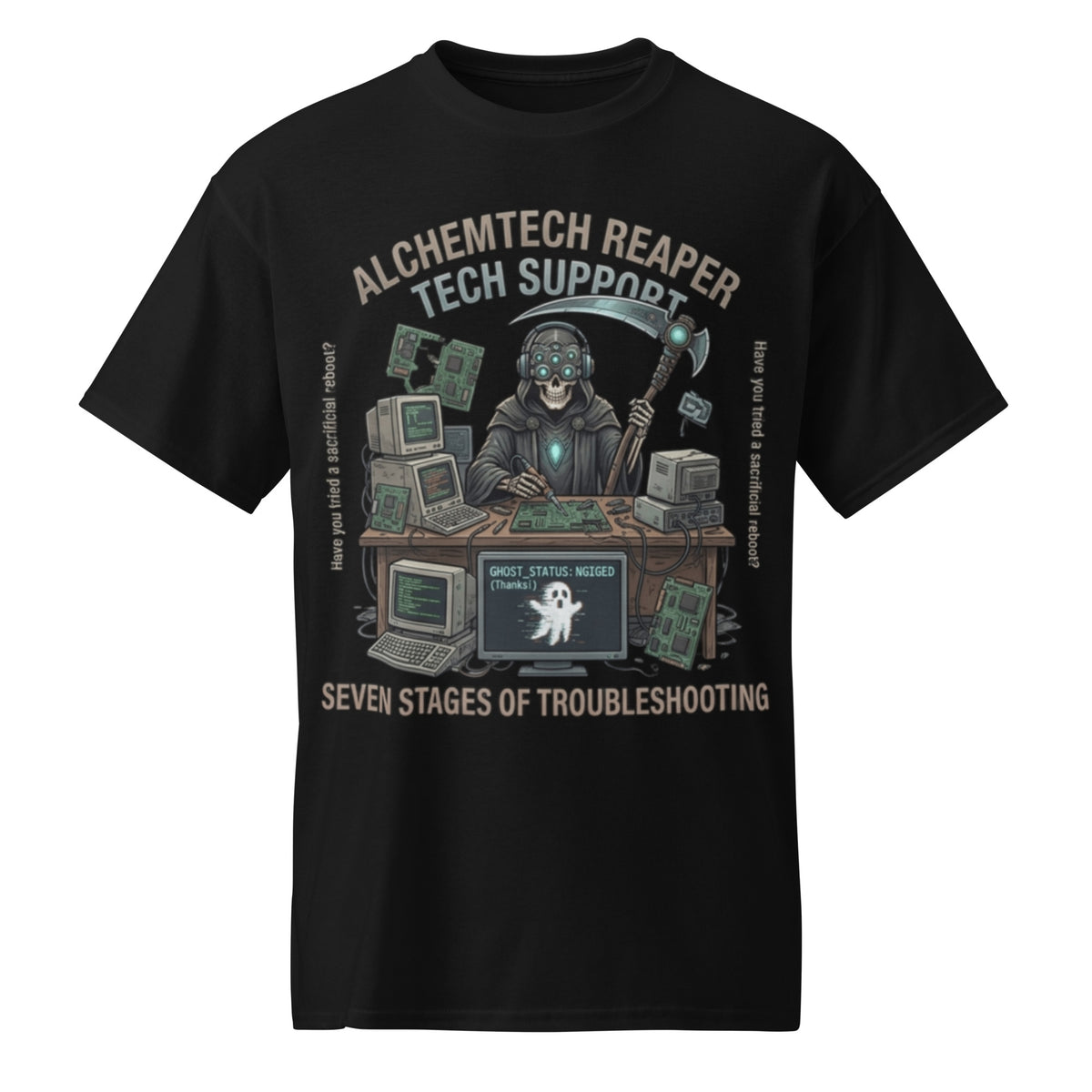 Reaper Tech Support Graphic Tee in black — front view