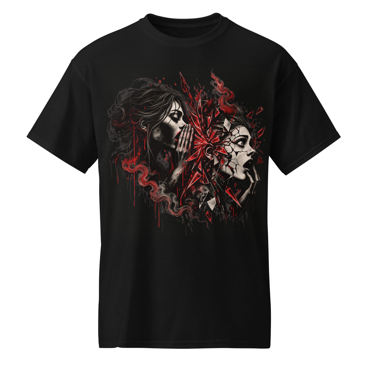 Starting Fires graphic tee — one girl whispering a secret to another, red shattered glass between them, on a black unisex tee