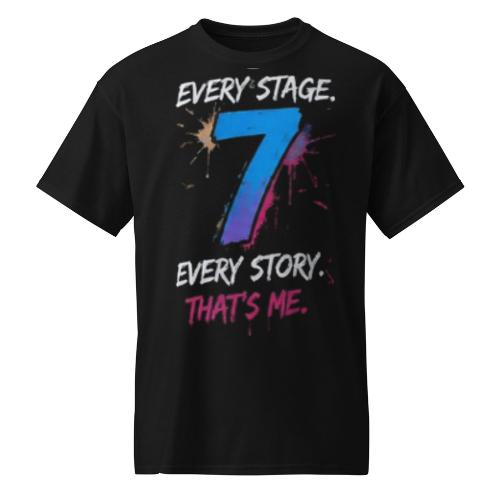 Black Every Stage Every Story That's Me graphic tee with blue paint-splash 7, front view – 7 Stage Streetwear