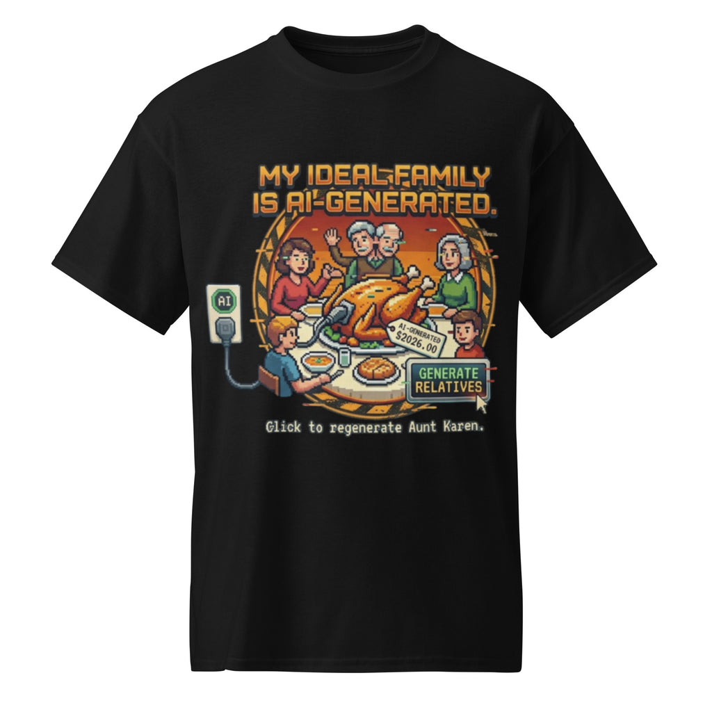 AI-Generated Family Thanksgiving tee with pixel-art family dinner and Generate Relatives button