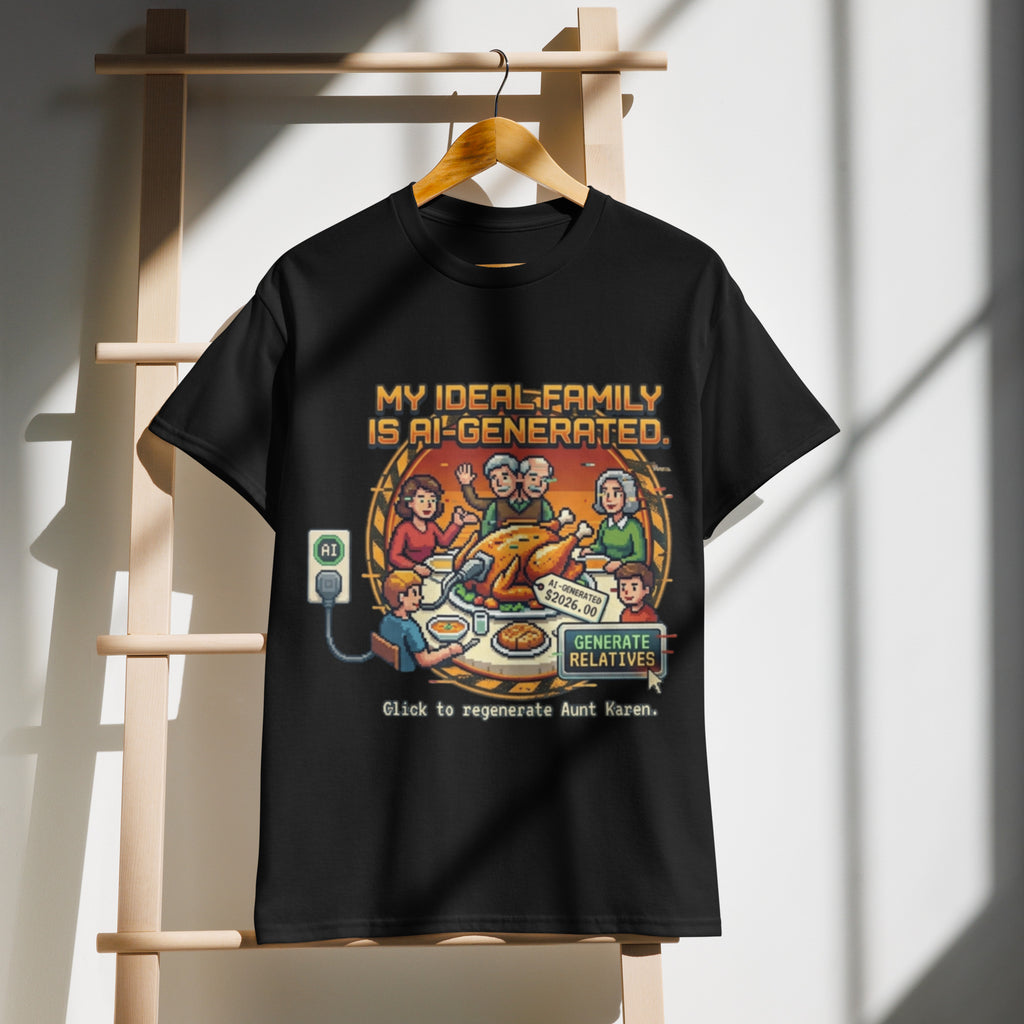 AI-Generated Family Thanksgiving tee with pixel-art family dinner and Generate Relatives button — alternate view