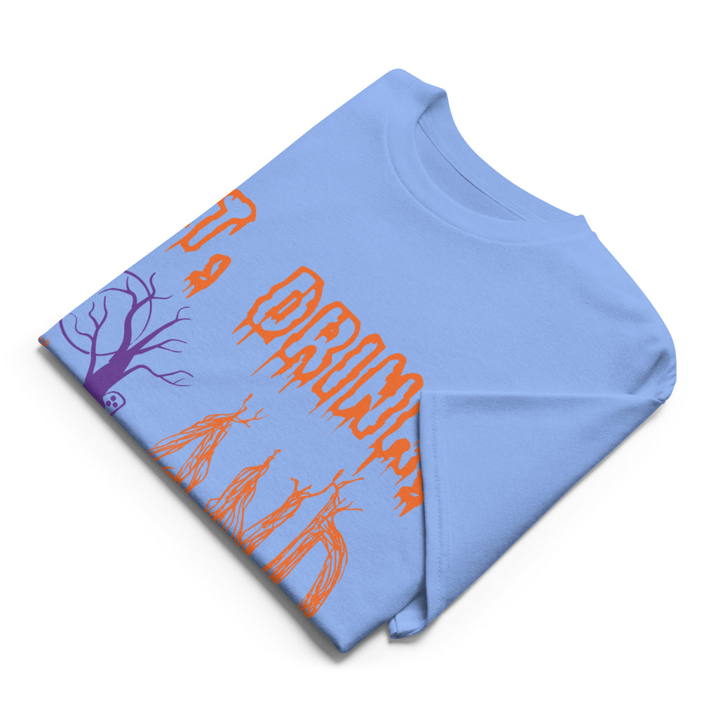Eat, Drink, And Be Scary Graphic Tee in blue — front view