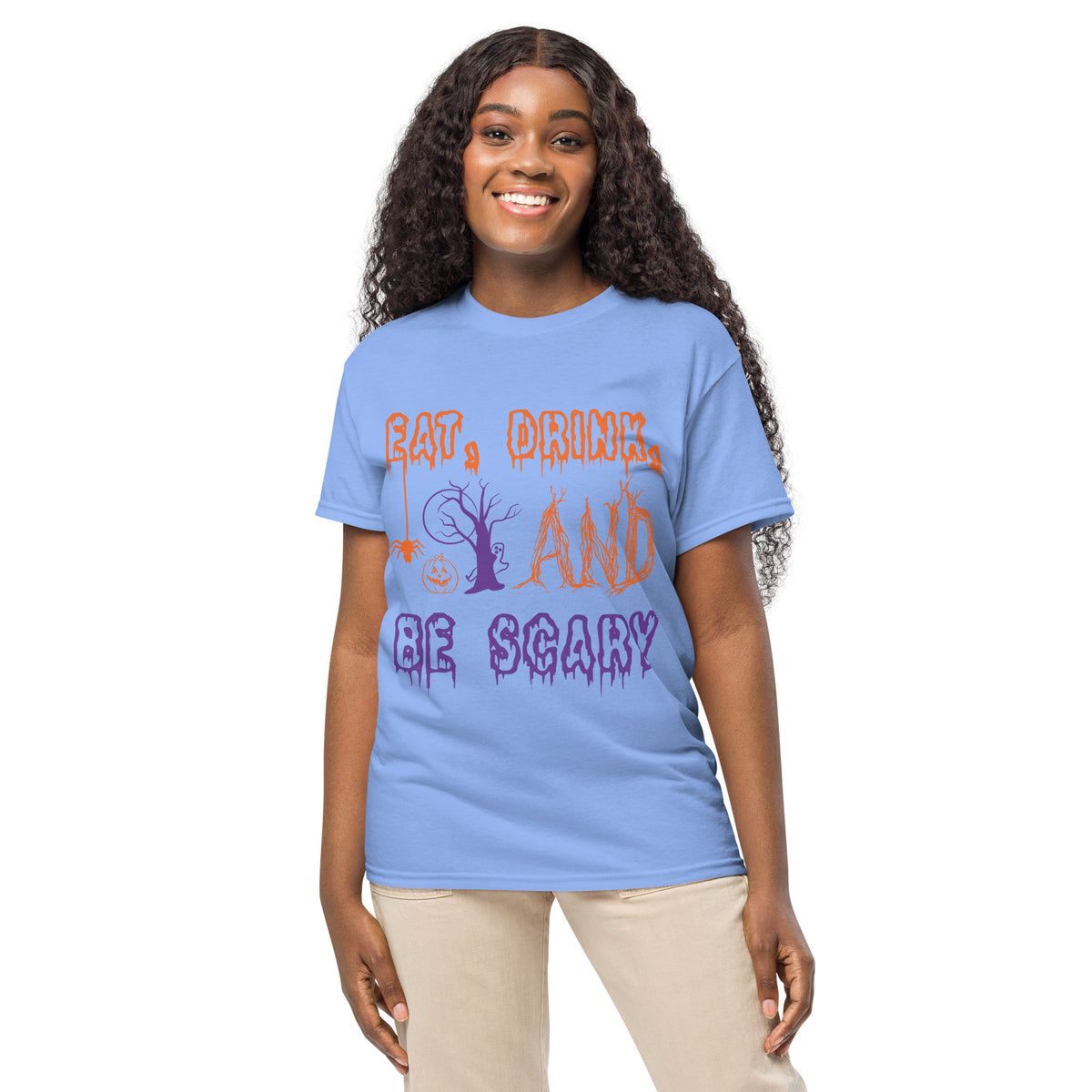 Eat, Drink, And Be Scary Graphic Tee in blue — front view