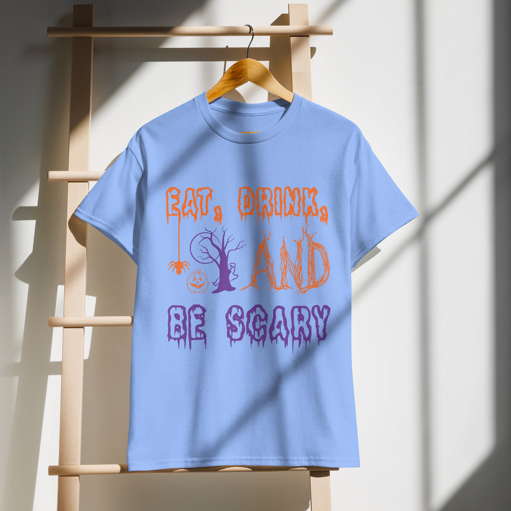 Eat, Drink, And Be Scary Graphic Tee in blue — front view
