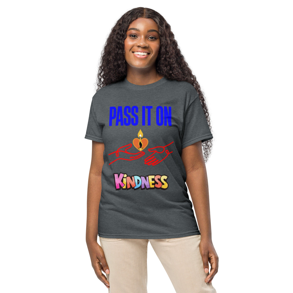Pass It On positive message graphic t-shirt in dark heather
