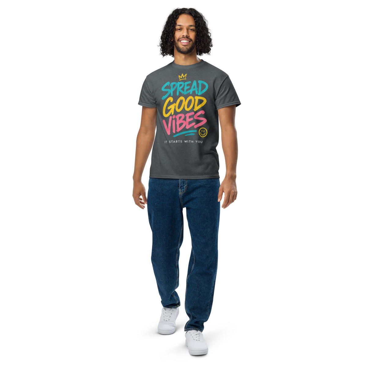Good Vibes positive message graphic t-shirt in dark heather