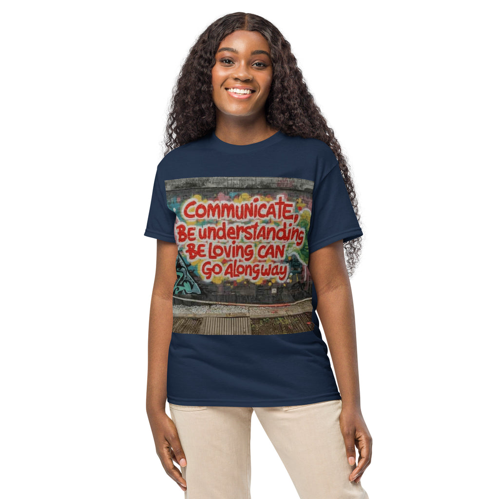 3 Stages of Being Kind positive message graphic t-shirt in navy