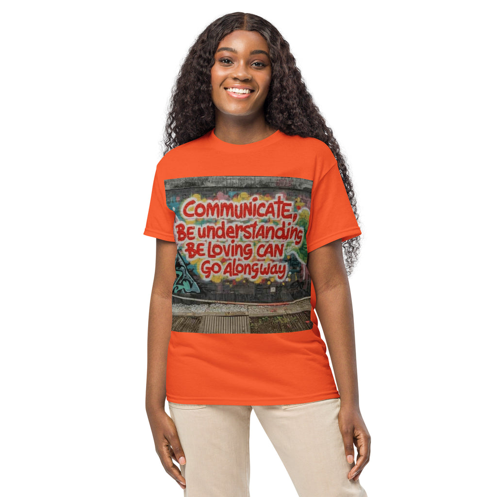 3 Stages of Being Kind positive message graphic t-shirt in orange