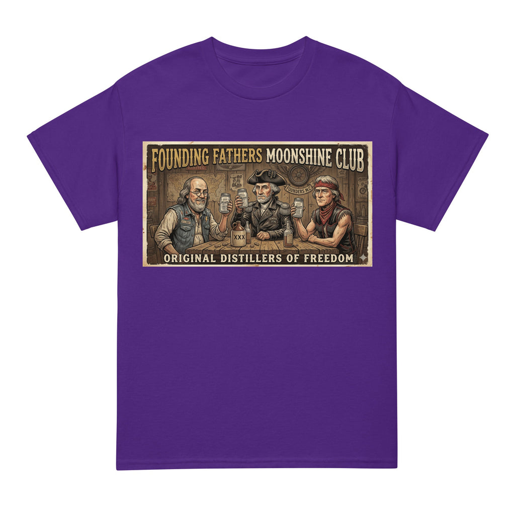 Founding Fathers Moonshine Club T-Shirt graphic tee in purple — front view