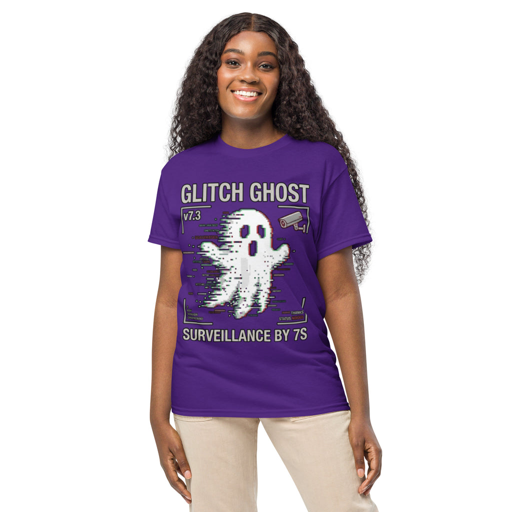 Glitch Ghost Graphic Tee in purple — front view