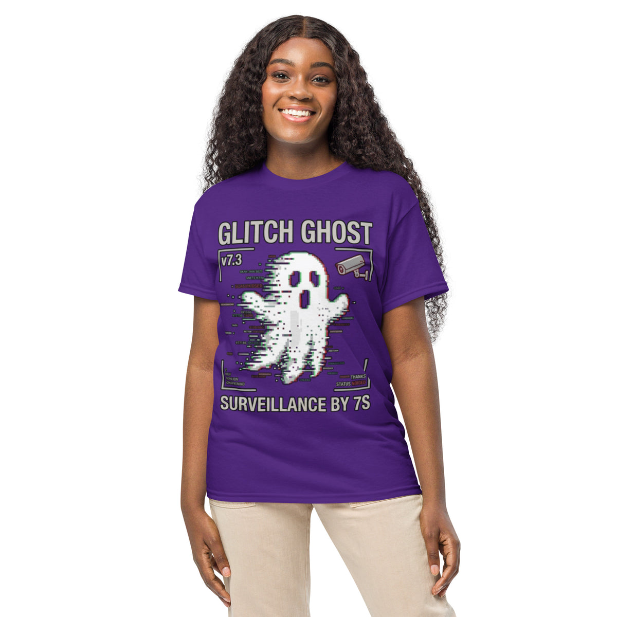 Glitch Ghost Graphic Tee in purple — front view