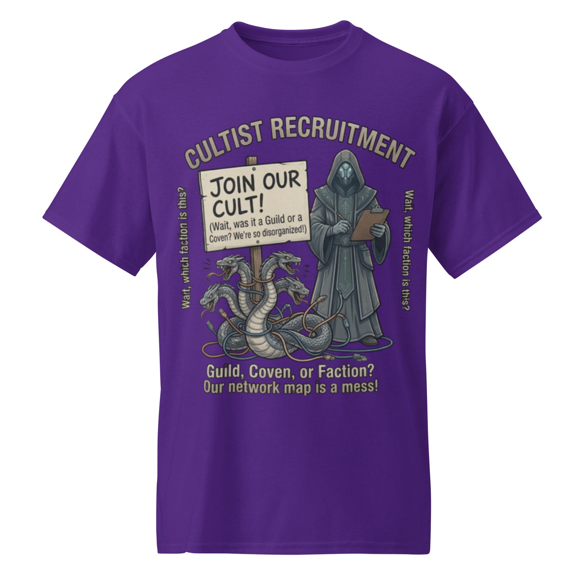 Cultist Recruitment Graphic Tee in purple — front view