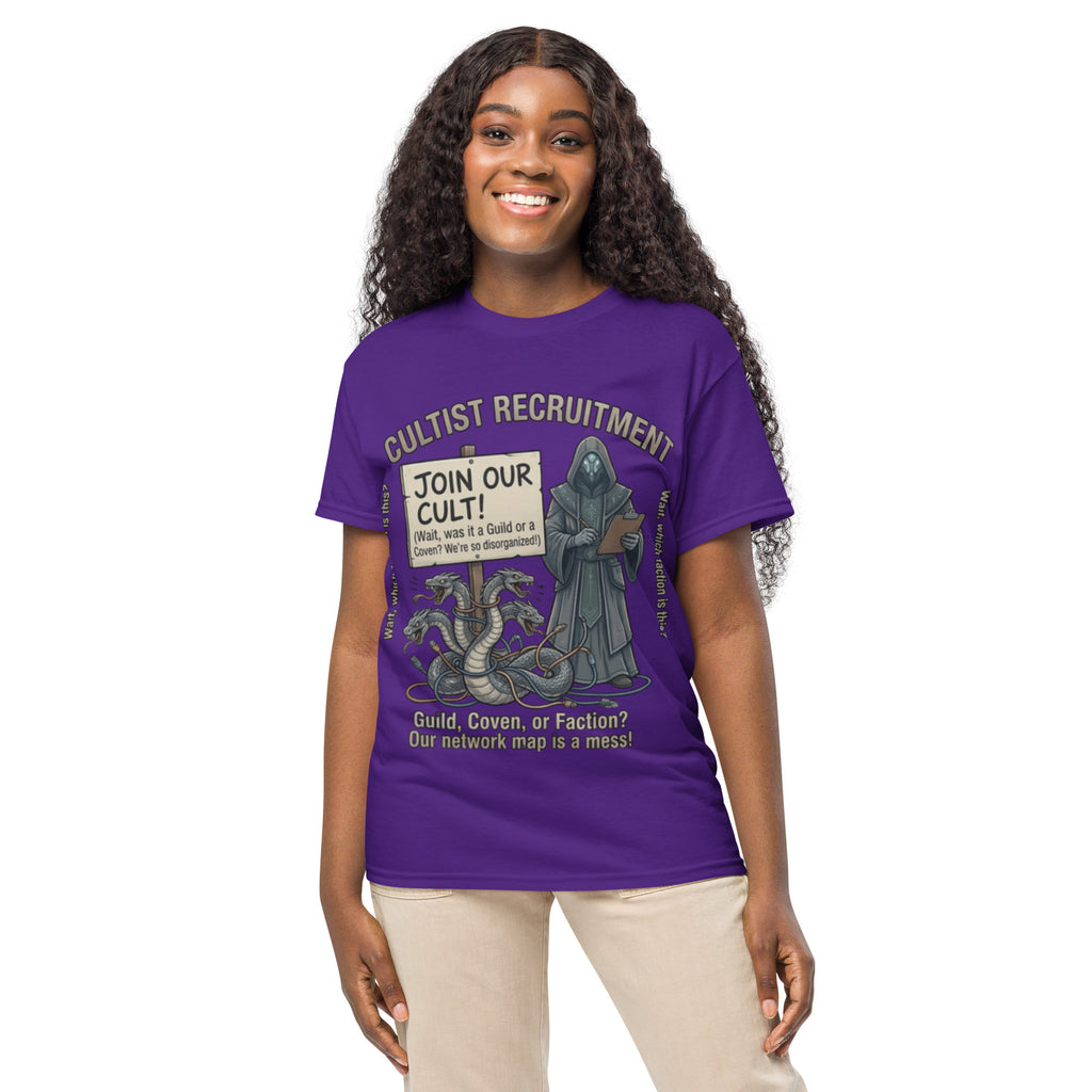 Cultist Recruitment Graphic Tee in purple — front view