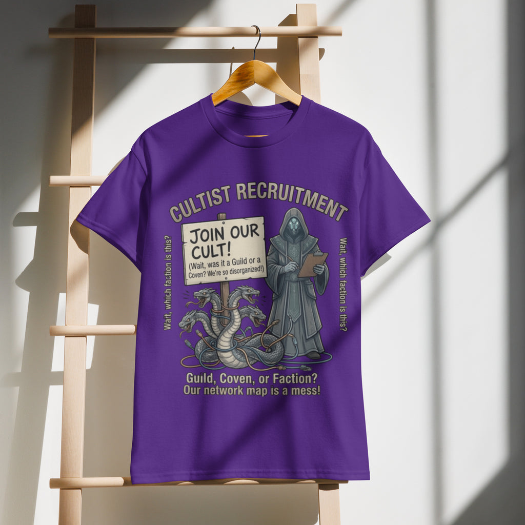 Cultist Recruitment Graphic Tee in purple — front view