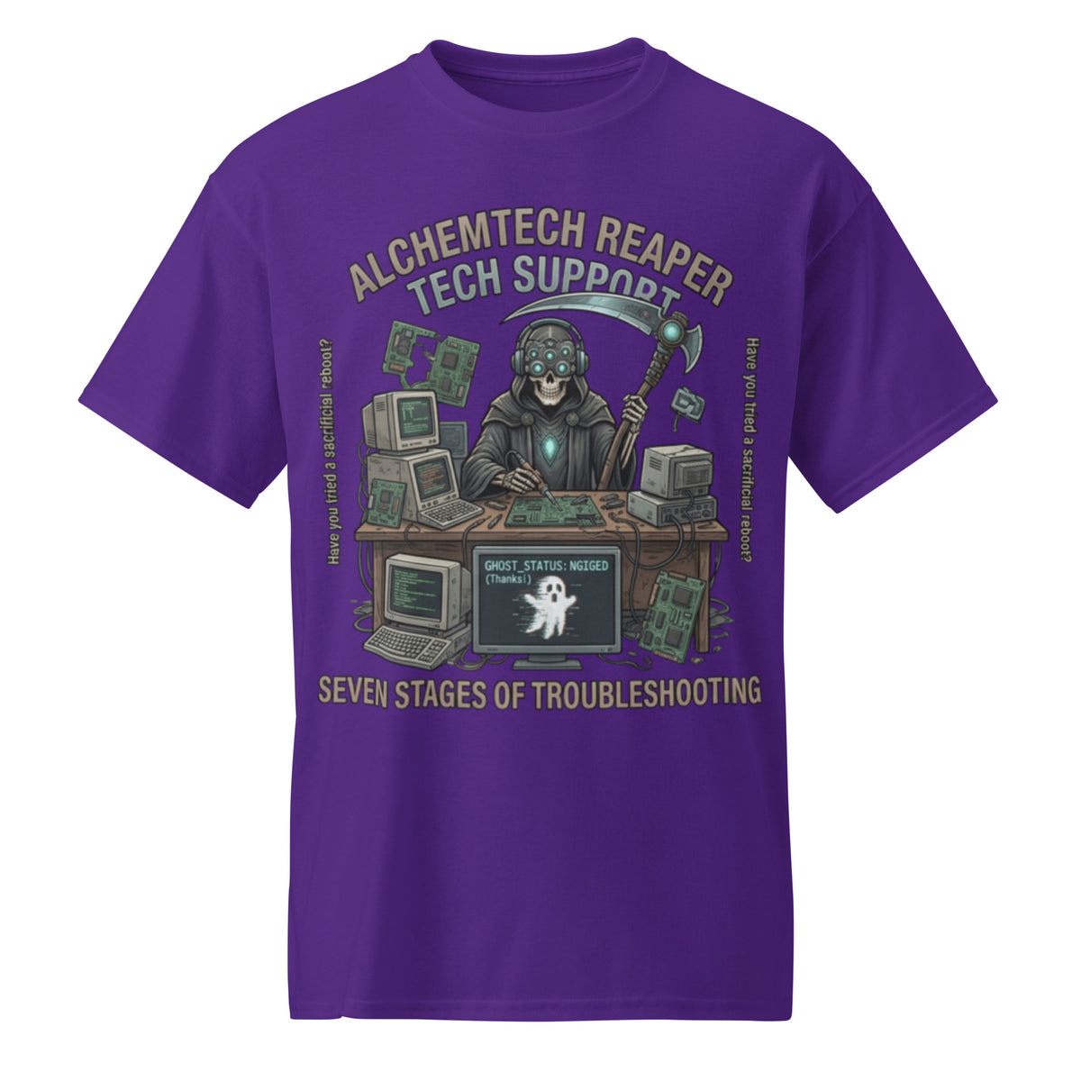 Reaper Tech Support Graphic Tee in purple — front view