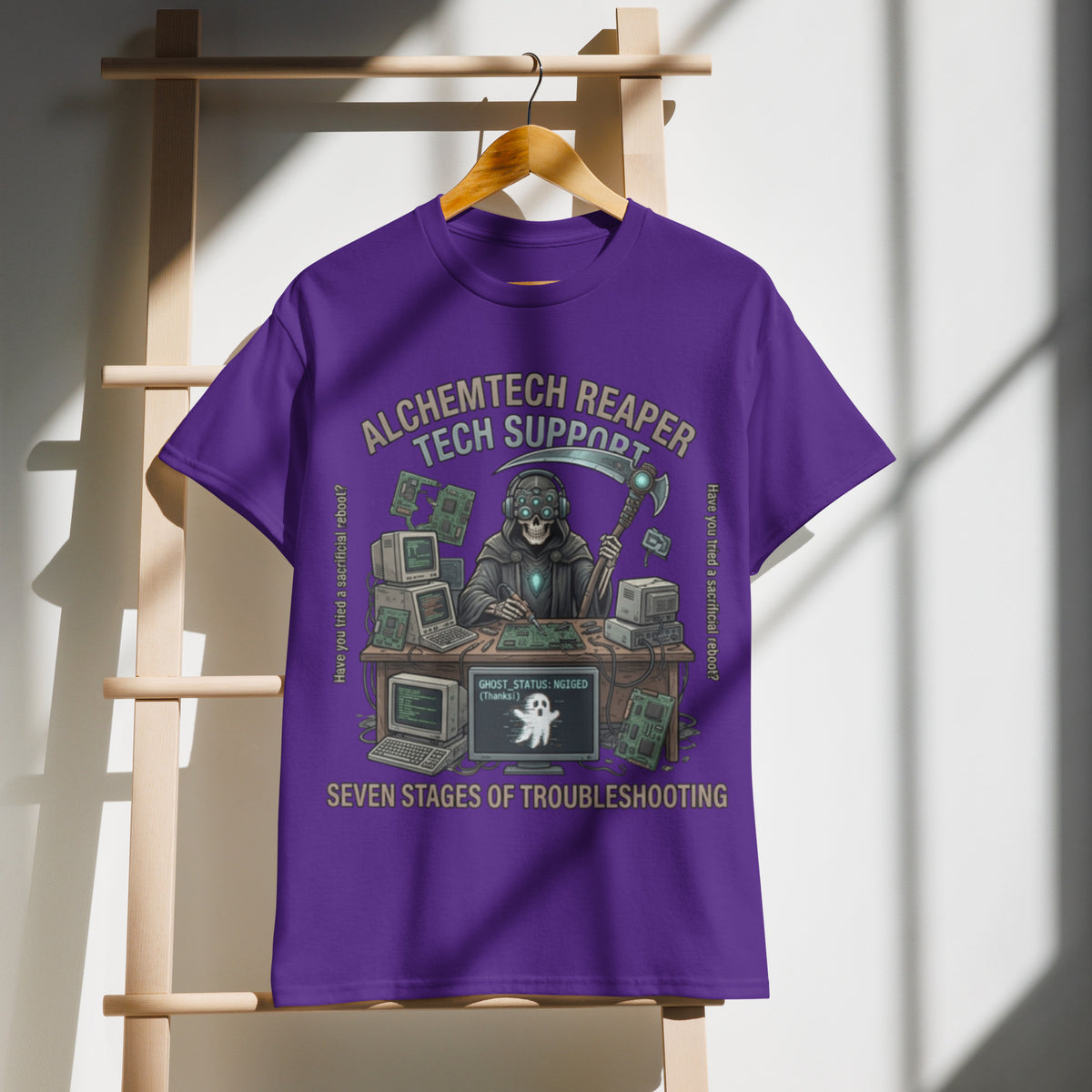 Reaper Tech Support Graphic Tee in purple — front view