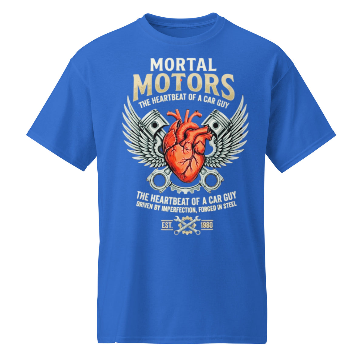 A Car Guy's Heartbeat car enthusiast graphic t-shirt in royal