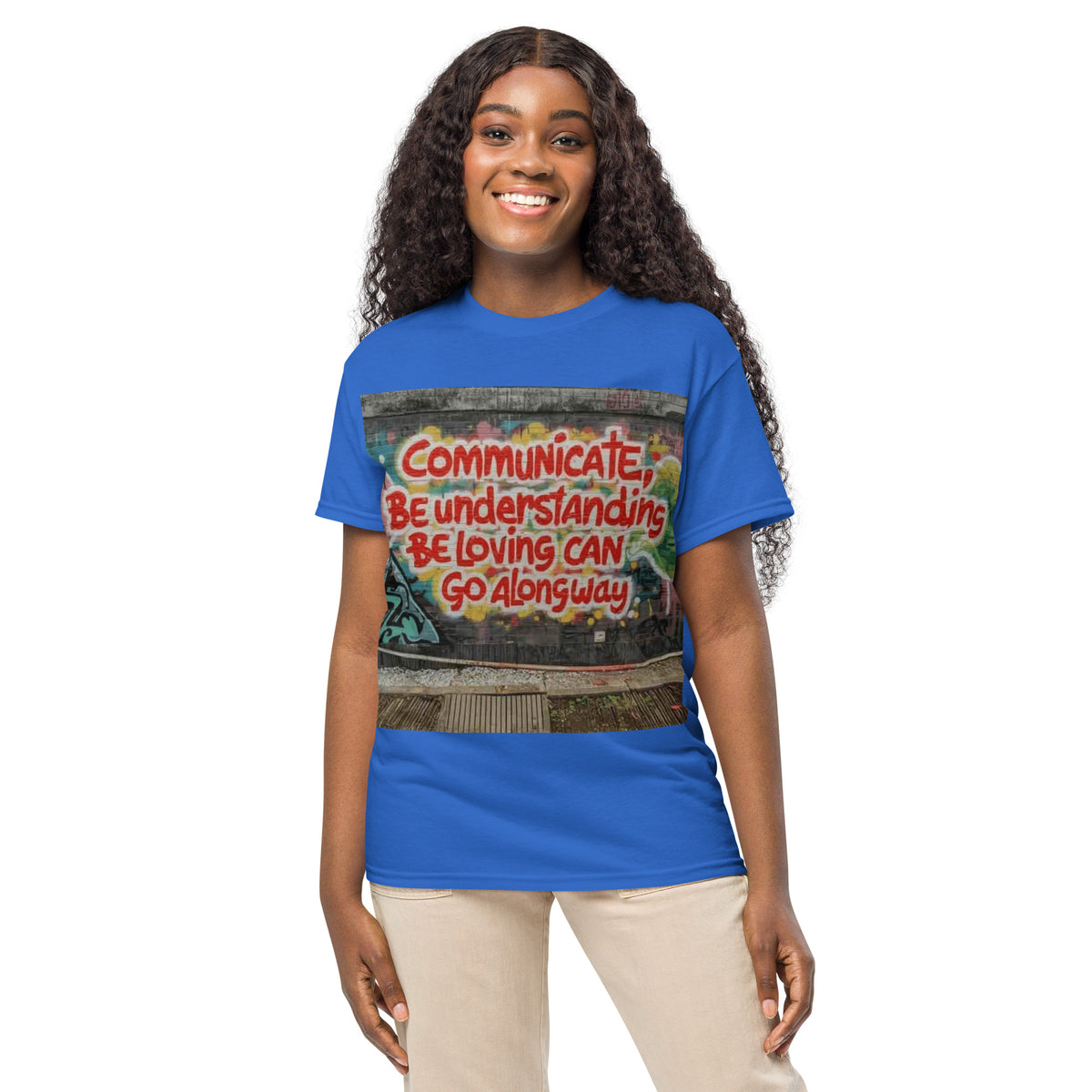 3 Stages of Being Kind positive message graphic t-shirt in royal