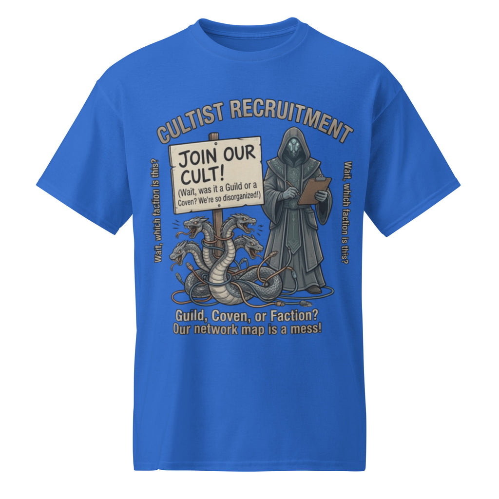 Cultist Recruitment Graphic Tee in royal — front view