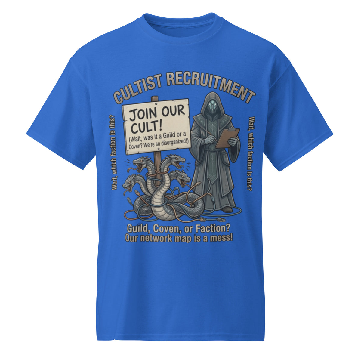 Cultist Recruitment Graphic Tee in royal — front view