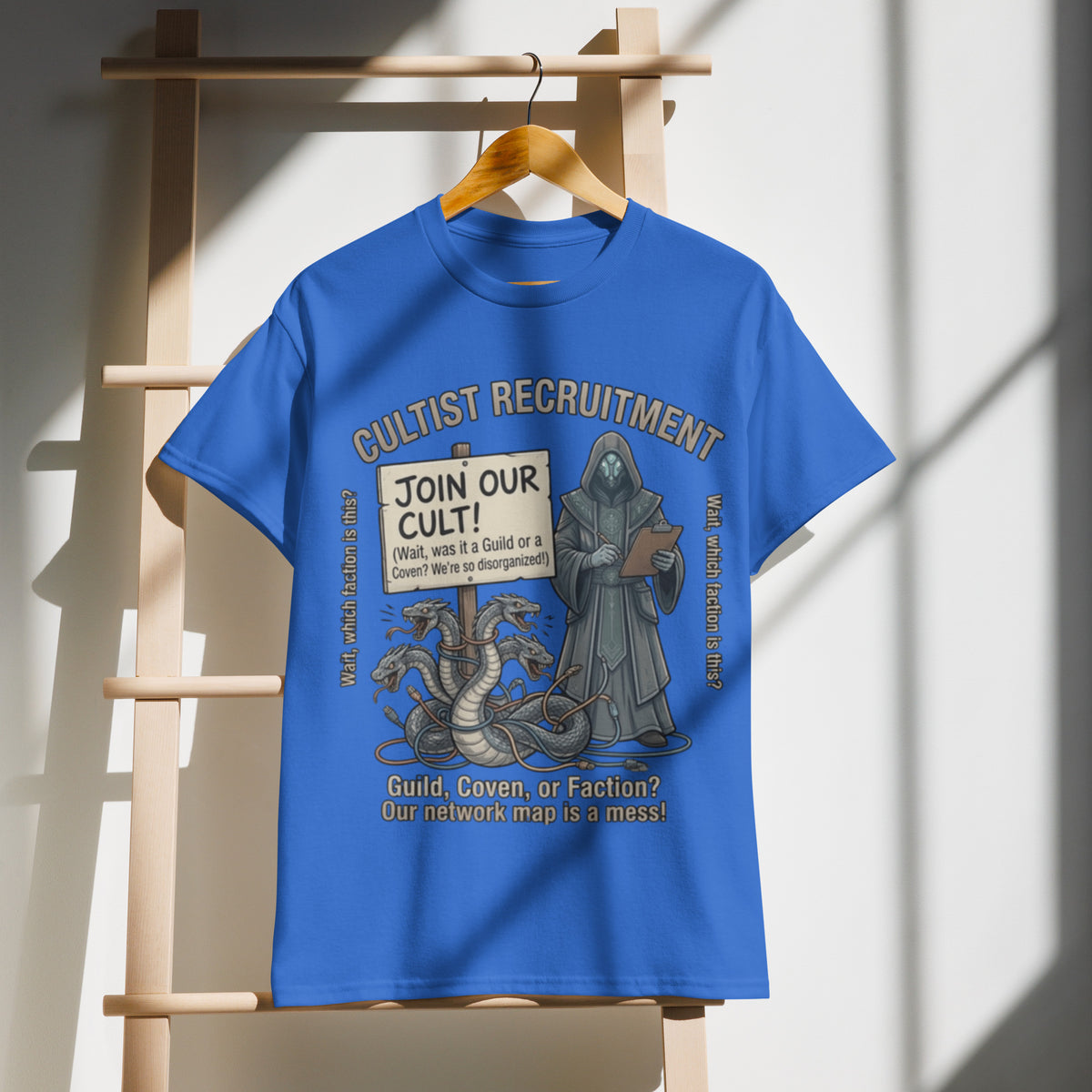 Cultist Recruitment Graphic Tee in royal — front view