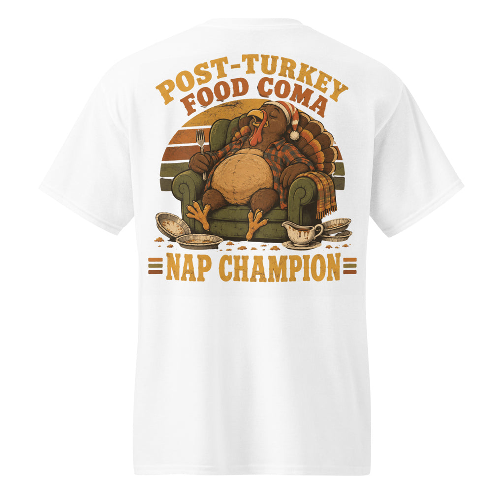 Post-Turkey Food Coma Nap Champion tee with a turkey asleep in an armchair — alternate view