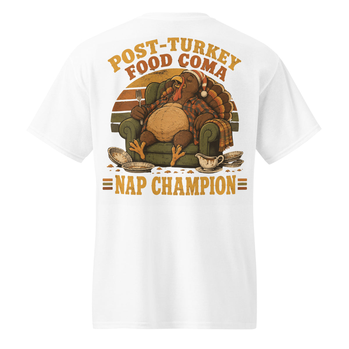 Post-Turkey Food Coma Nap Champion tee with a turkey asleep in an armchair — alternate view