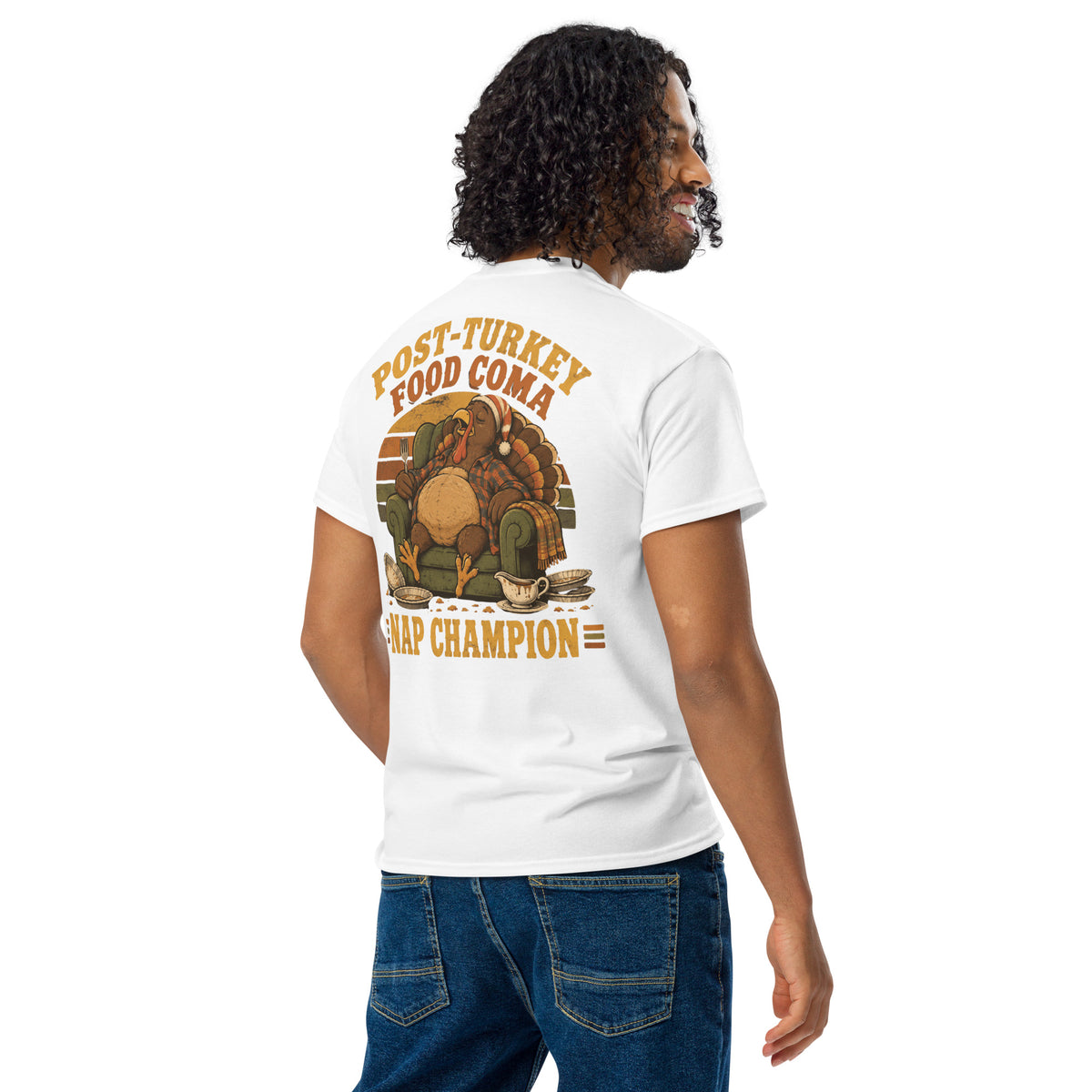 Post-Turkey Food Coma Nap Champion tee with a turkey asleep in an armchair — alternate view