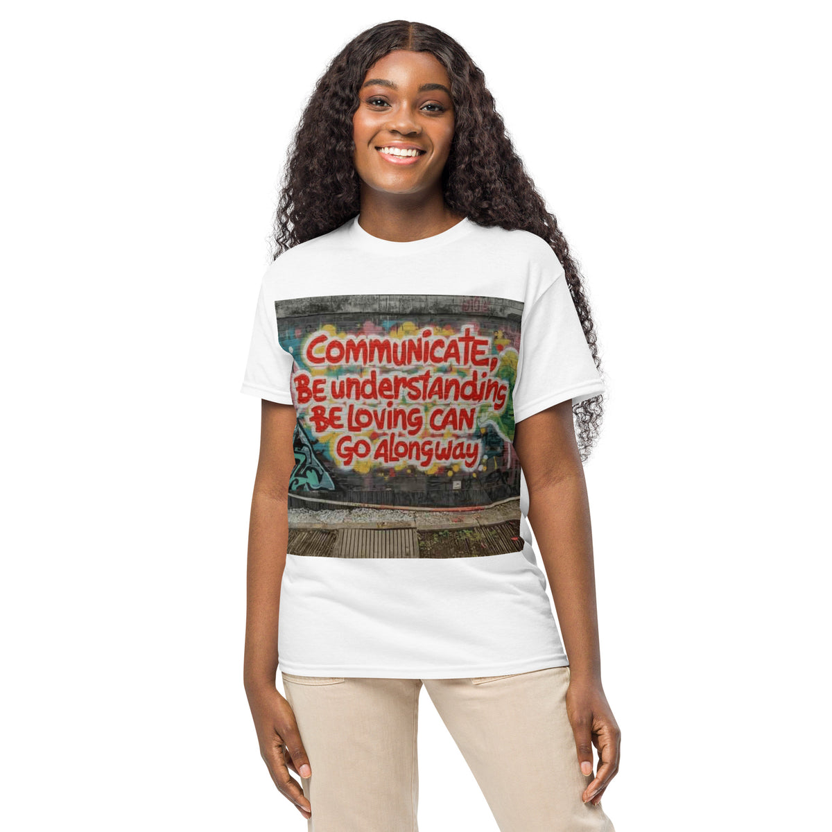 3 Stages of Being Kind positive message graphic t-shirt in white