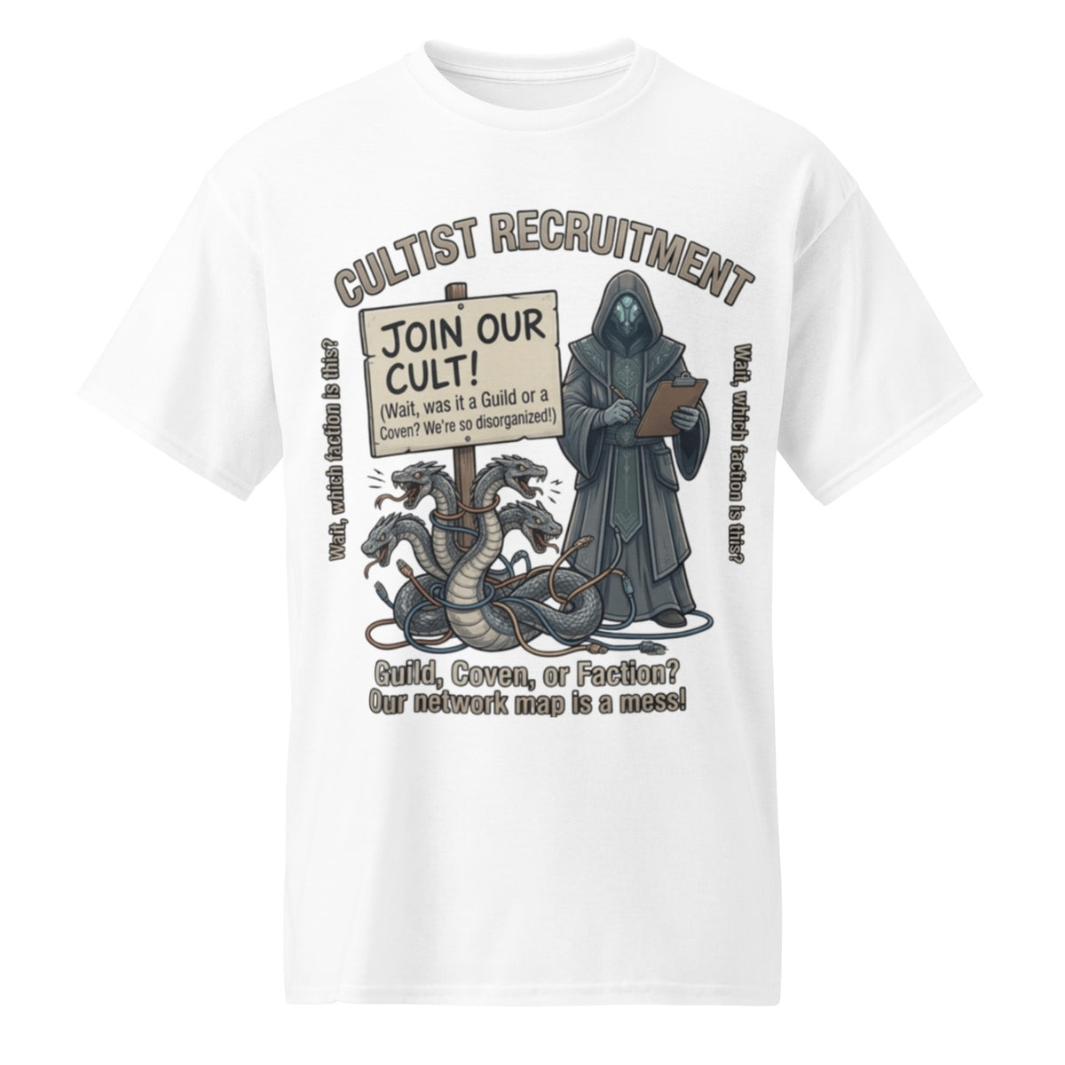 Cultist Recruitment Graphic Tee in white — front view