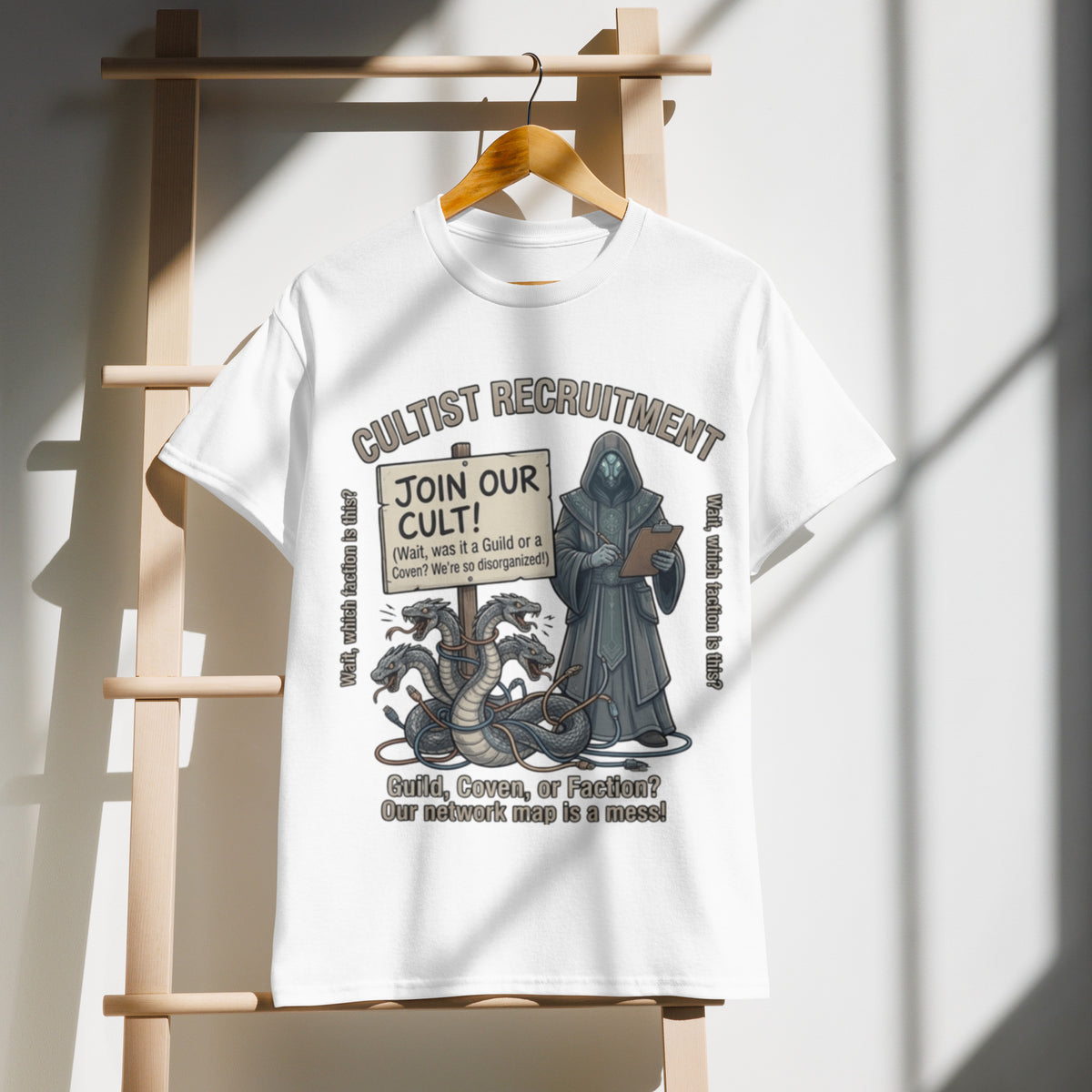 Cultist Recruitment Graphic Tee in white — front view