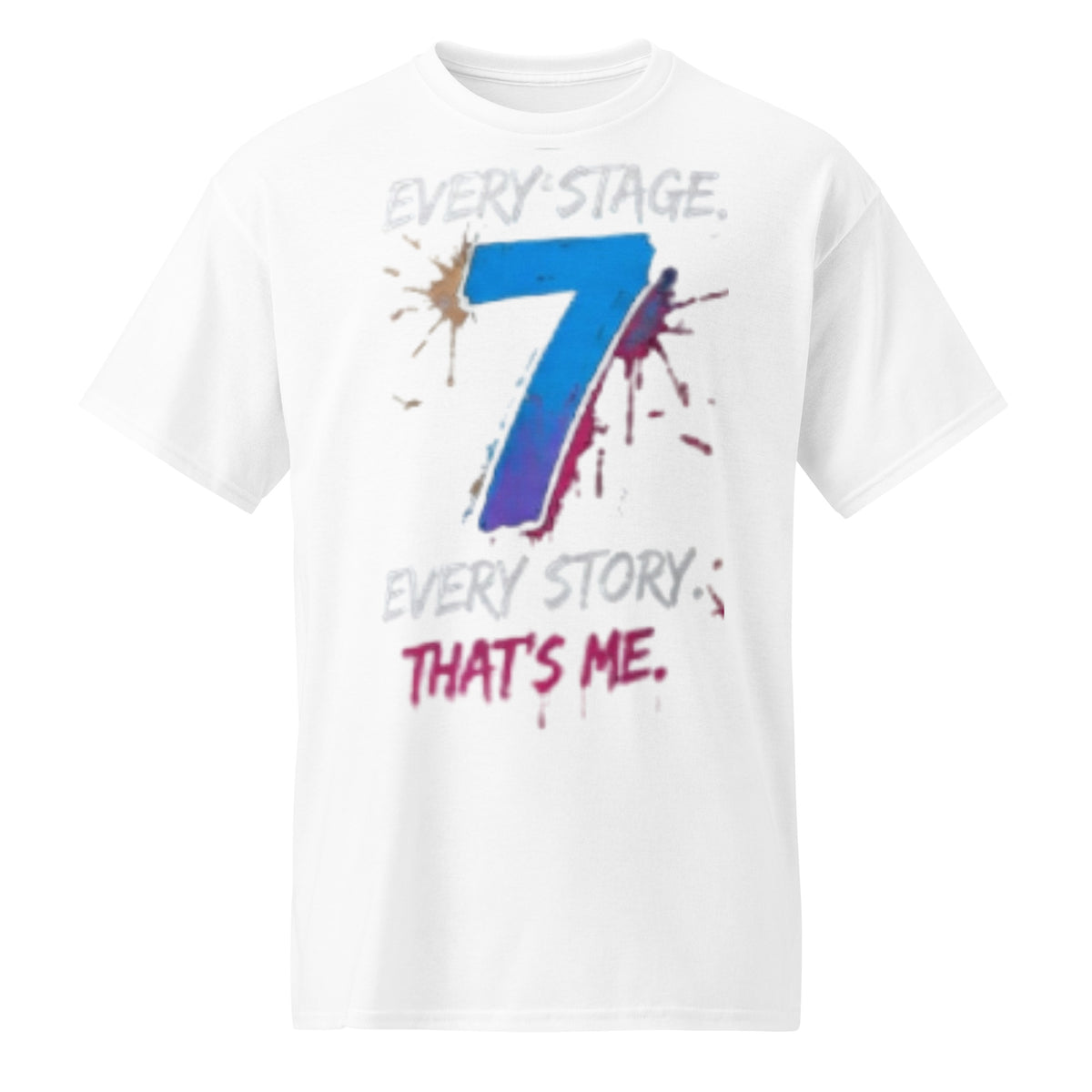 White Every Stage Every Story That's Me graphic tee with blue and purple paint-splash 7, front view – 7 Stage Streetwear