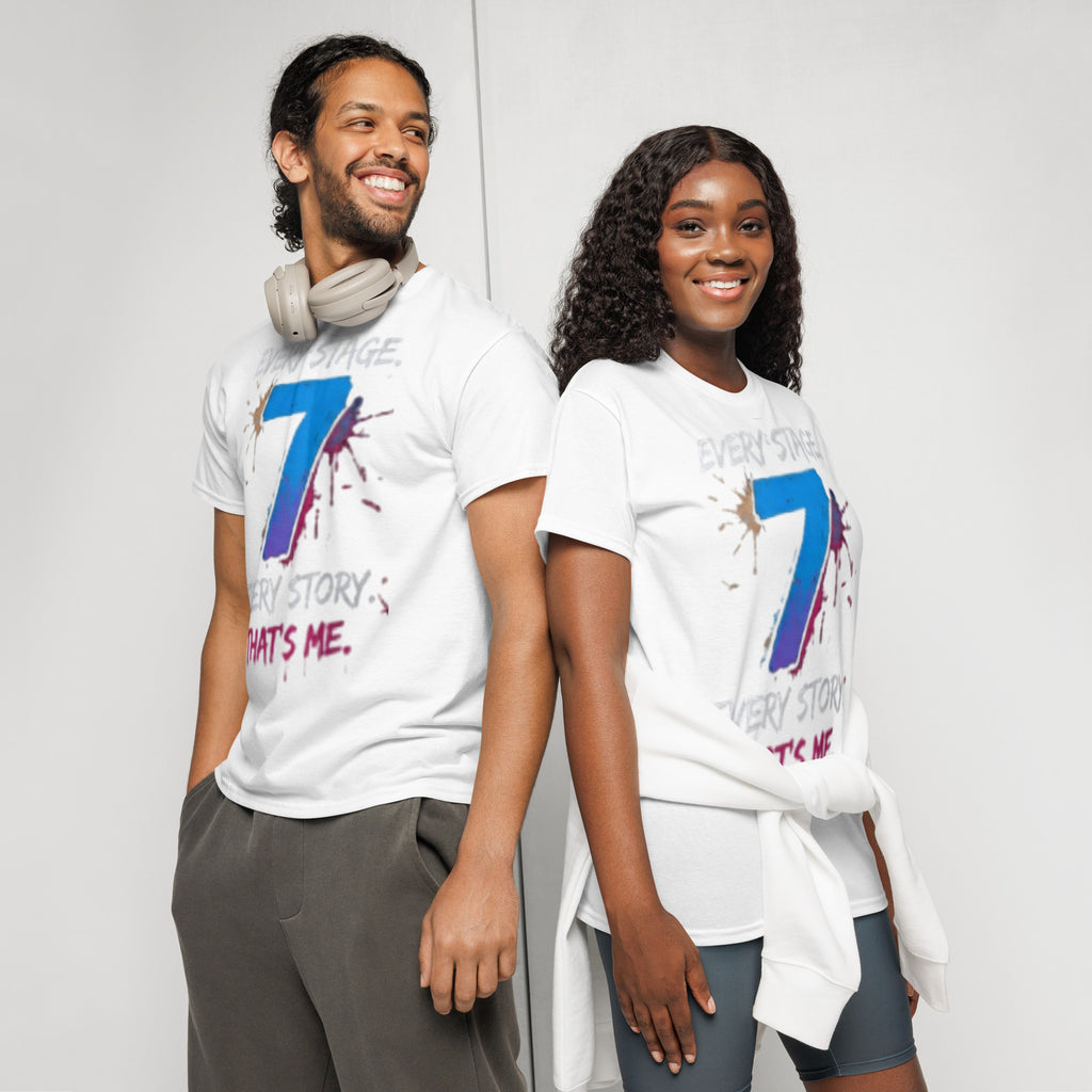 Man and woman wearing matching white Every Story 7 graphic tees – 7 Stage Streetwear unisex tee