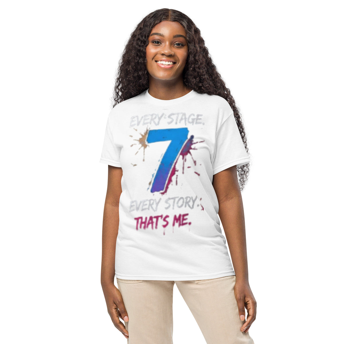Woman wearing white Every Stage Every Story That's Me 7 graphic tee – 7 Stage Streetwear