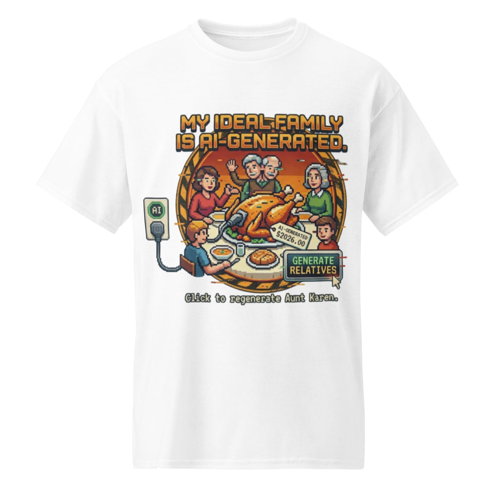 AI-Generated Family Thanksgiving tee with pixel-art family dinner and Generate Relatives button — alternate view
