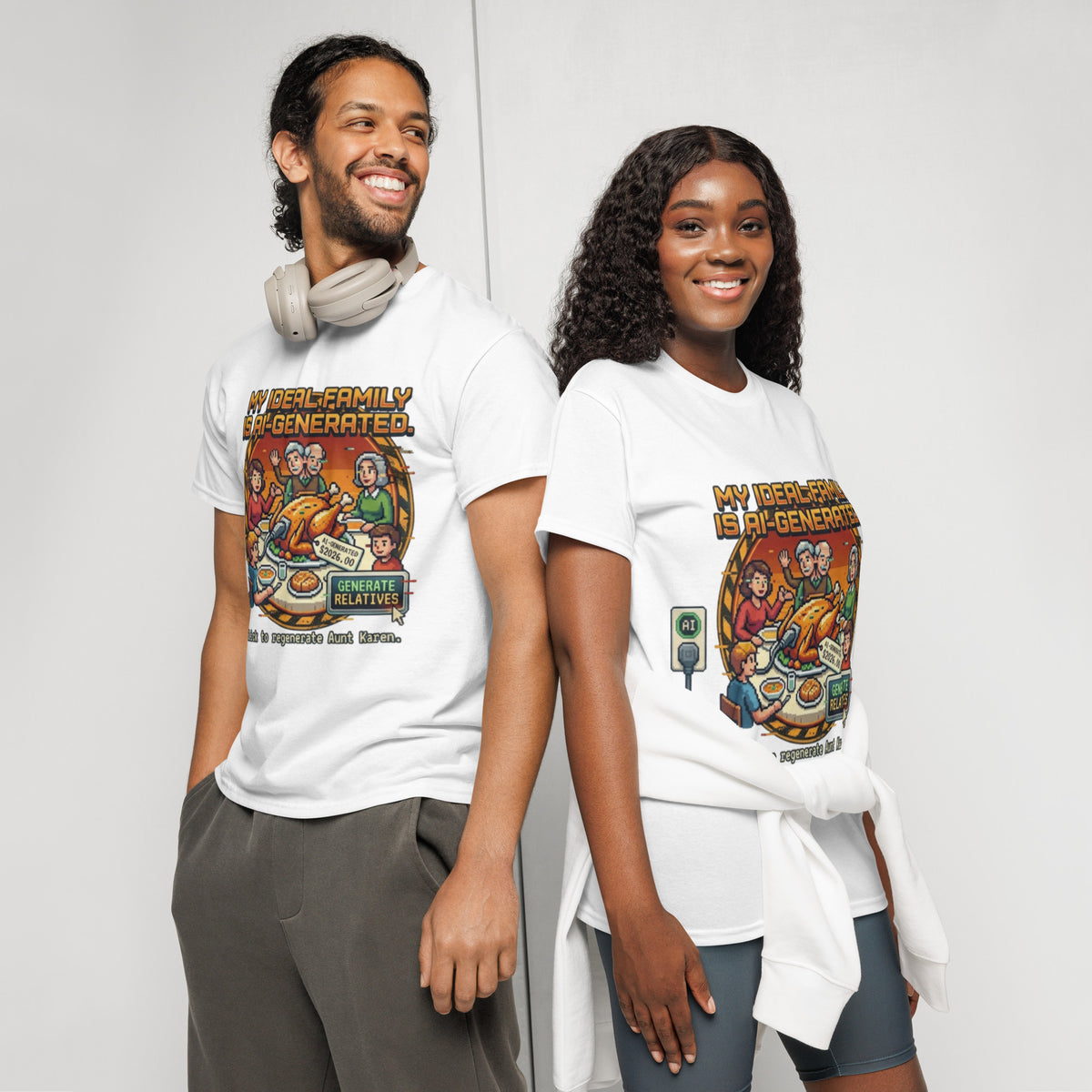 AI-Generated Family Thanksgiving tee with pixel-art family dinner and Generate Relatives button — alternate view