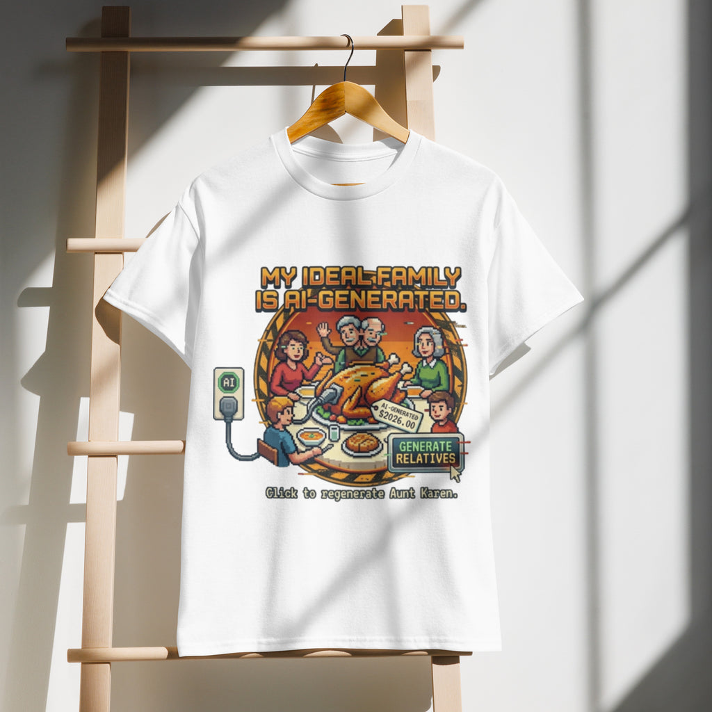 AI-Generated Family Thanksgiving tee with pixel-art family dinner and Generate Relatives button — alternate view
