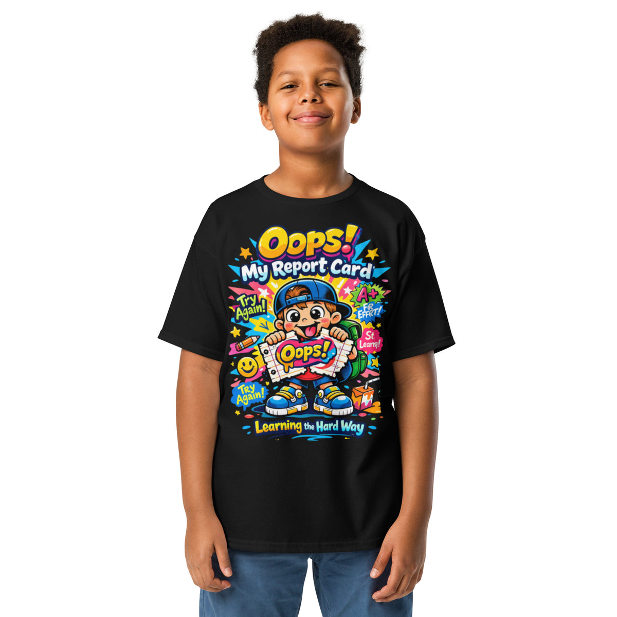 OOPS My Report Card funny school t-shirt for boys in black, front view