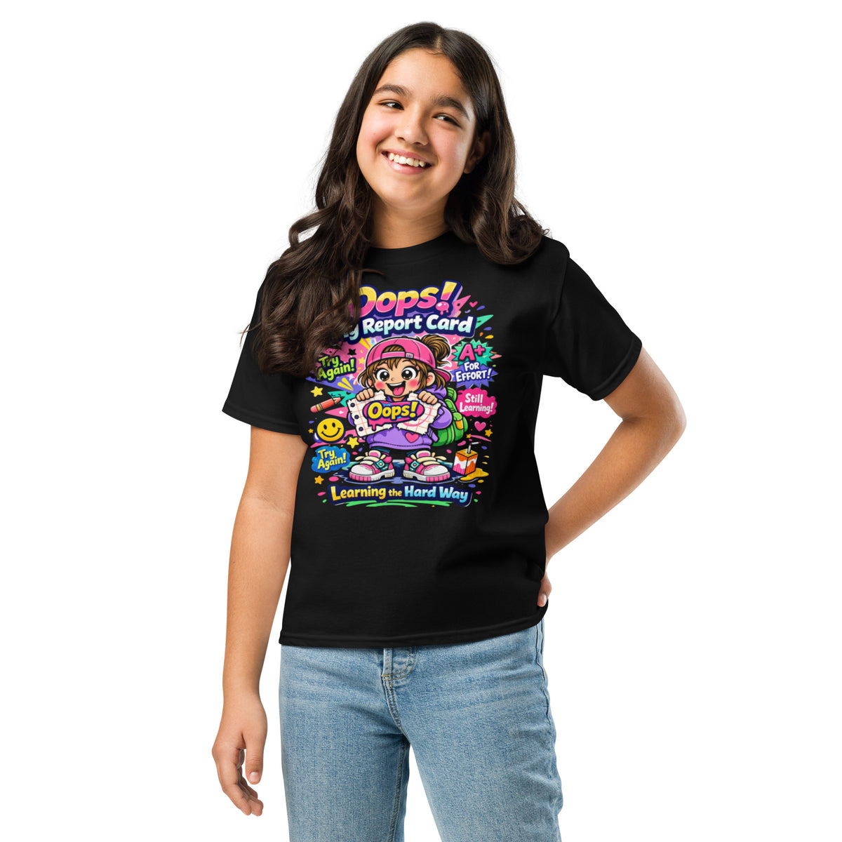 OOPS My Report Card funny school t-shirt for girls in black, front view