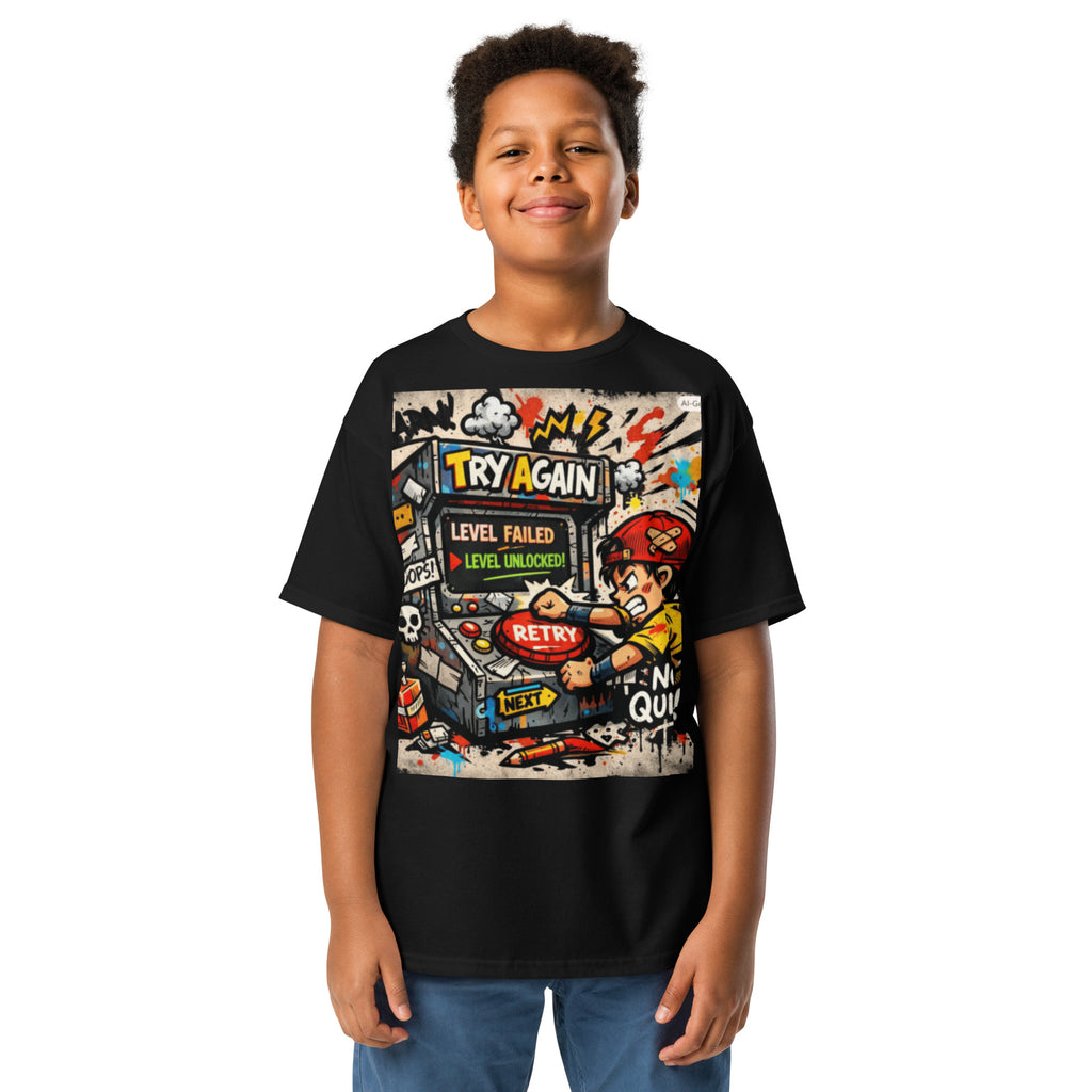 Try Again Kids Graphic Tee in black — front view